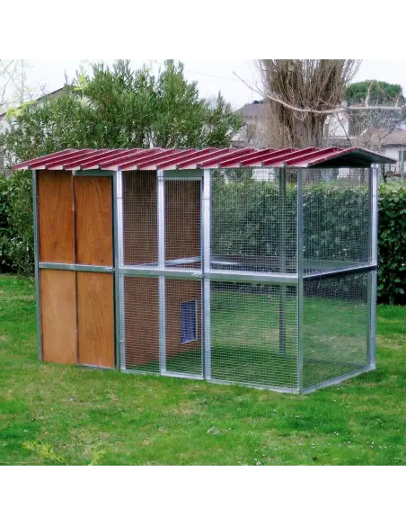 Caseta de madera para gatos con 1 módulo de madera y 2 de malla