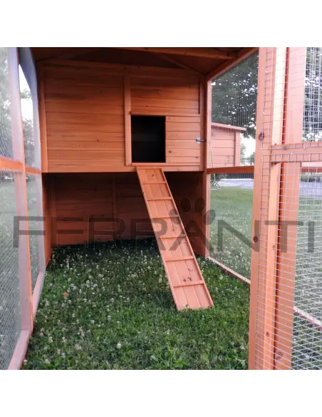 Interior del gallinero de madera con escalera para gallinas