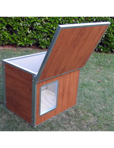 Caseta exterior aislada para perros pequeños efecto madera