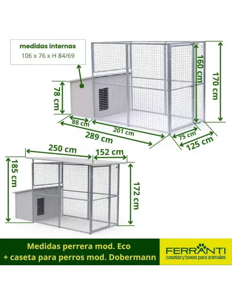 Medidas Perrera Box para Perros mod. Eco + Casa para Perros mod. Doberman