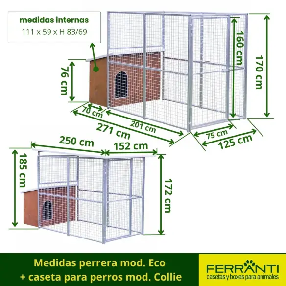 Medidas Perrera box para perros modelo Eco con casa para perros modelo Collie con techo