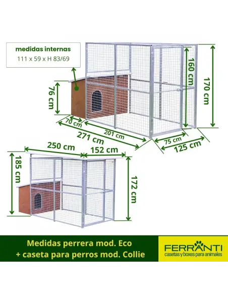 Medidas Perrera box para perros modelo Eco con casa para perros modelo Collie con techo