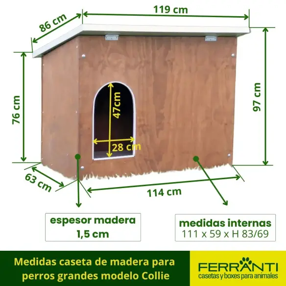 Medidas caseta de madera para  perros grandes modelo Collie
