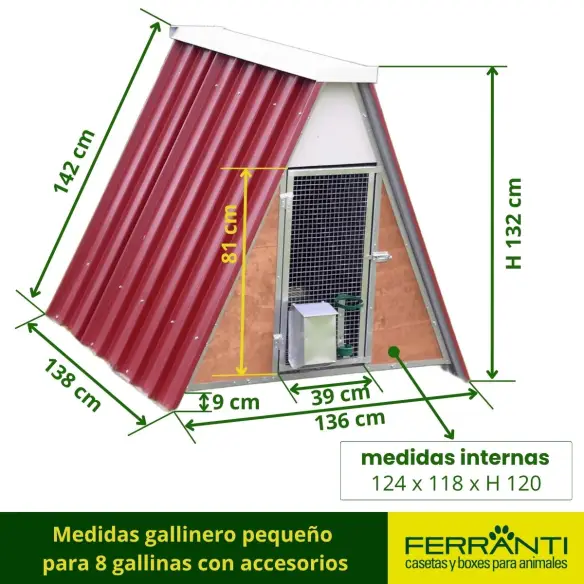 Medidas gallinero pequeño 
para 8 gallinas con accesorios