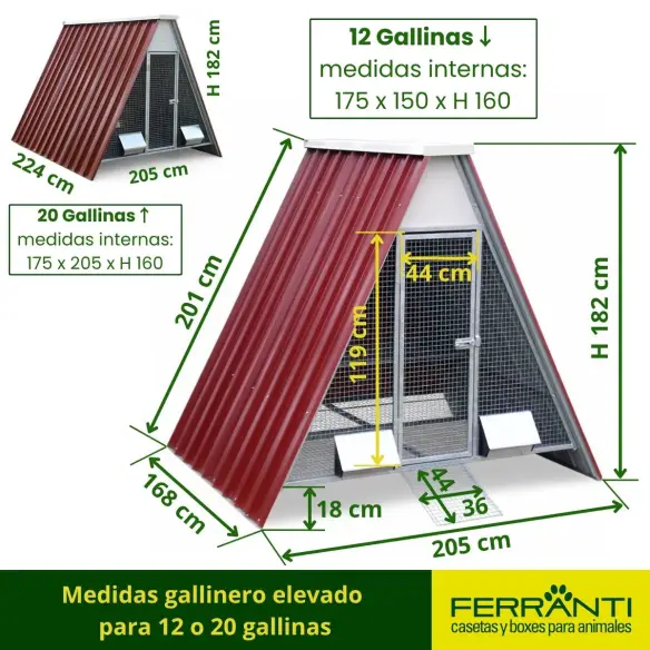 Medidas gallinero elevado 
para 12 o 20 gallinas