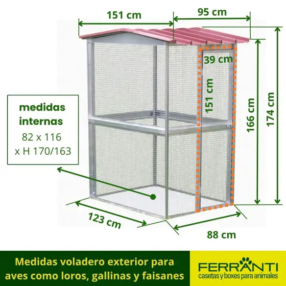 Medidas voladero exterior para aves como loros, gallinas y faisanes