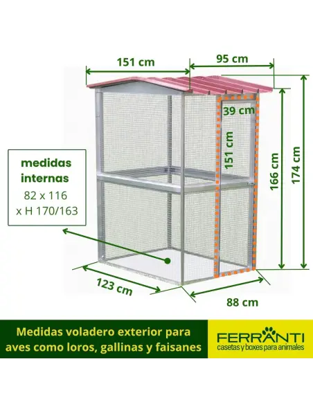 Medidas voladero exterior para aves como loros, gallinas y faisanes