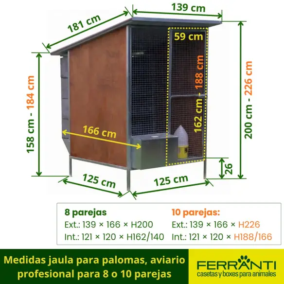 Medidas jaula para palomas, aviario profesional para 8 o 10 parejas