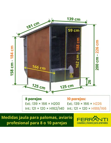Medidas jaula para palomas, aviario profesional para 8 o 10 parejas