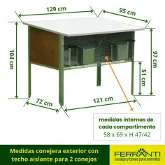 Conejera exterior para 2 conejos con techo aislante y accesorios 2