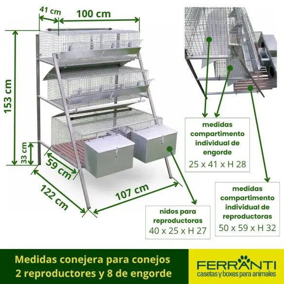 Medidas conejera para conejos 
2 reproductores y 8 de engorde