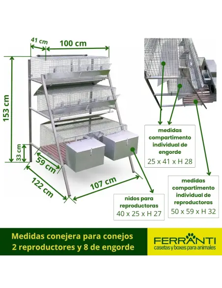 Medidas conejera para conejos 
2 reproductores y 8 de engorde