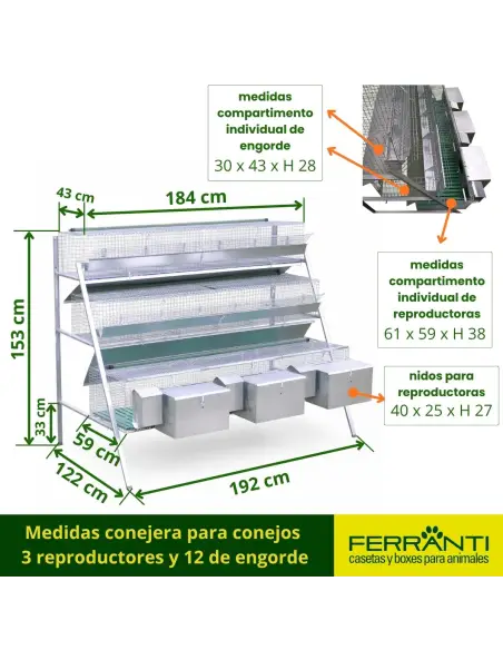 Medidas conejera para conejos 
3 reproductores y 12 de engorde