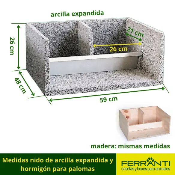 Medidas nido de arcilla expandida y hormigón para palomas