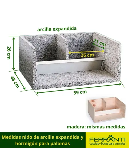 Medidas nido de arcilla expandida y hormigón para palomas