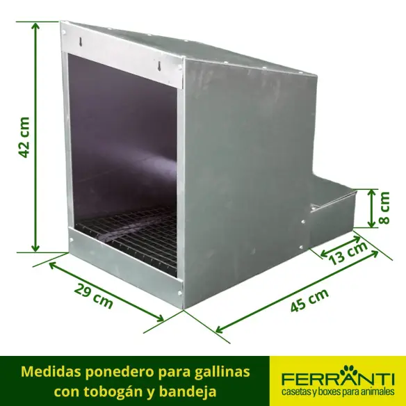 Medidas ponedero para gallinas con tobogán y bandeja