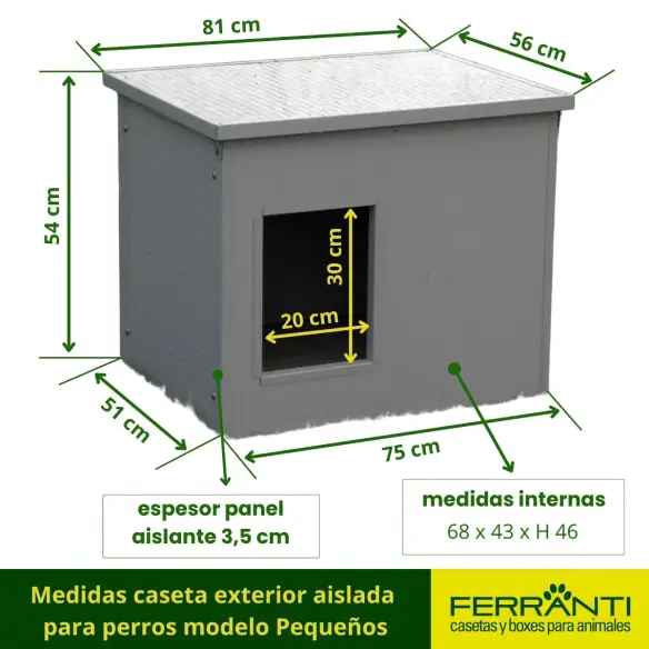 Medidas caseta exterior aislada 
para perros modelo Pequeños
